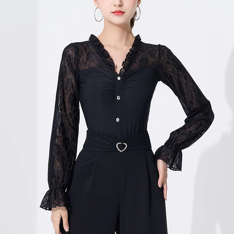 广场舞练功服女上衣连体新款拼接国标摩登舞蹈演出服