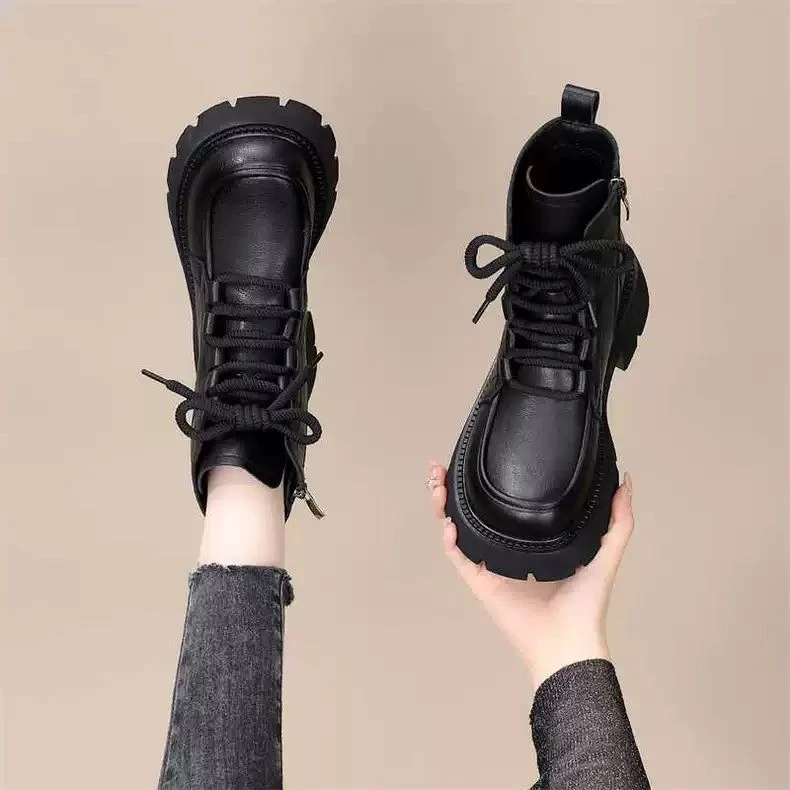 厚底马丁靴女2025新款秋冬百搭显脚小系带短靴爆款潮流工装女靴子