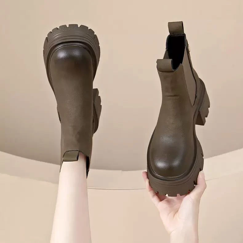 欧洲站爆款英伦女2025秋冬新款套筒加绒小个子粗跟厚底切尔西短靴