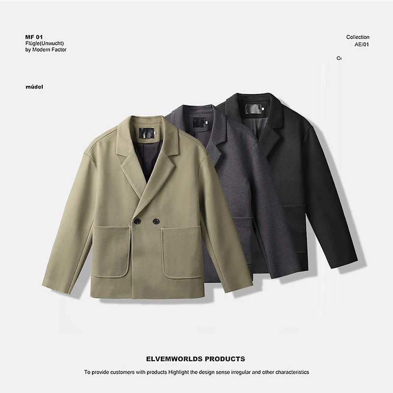 男士复古宽松休闲时尚潮流呢子西装外套