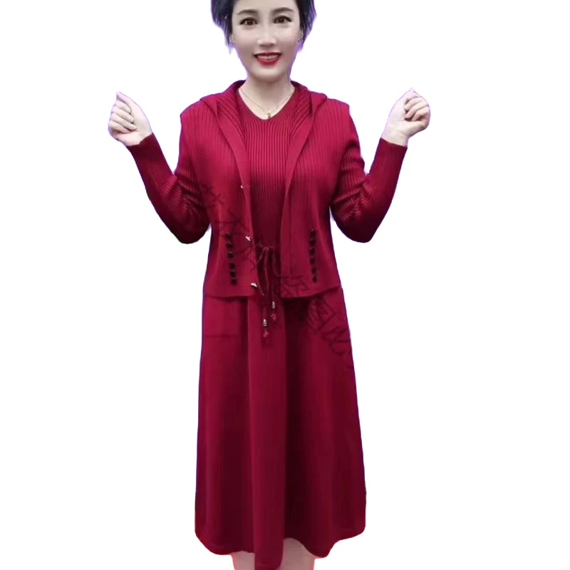两件套针织宽松弹力大码连帽中长款百搭气质秋季妈妈装时尚洋气