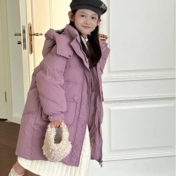 儿童羽绒服连帽中长款飘带韩版保暖百搭2024新款冬装女童外套潮