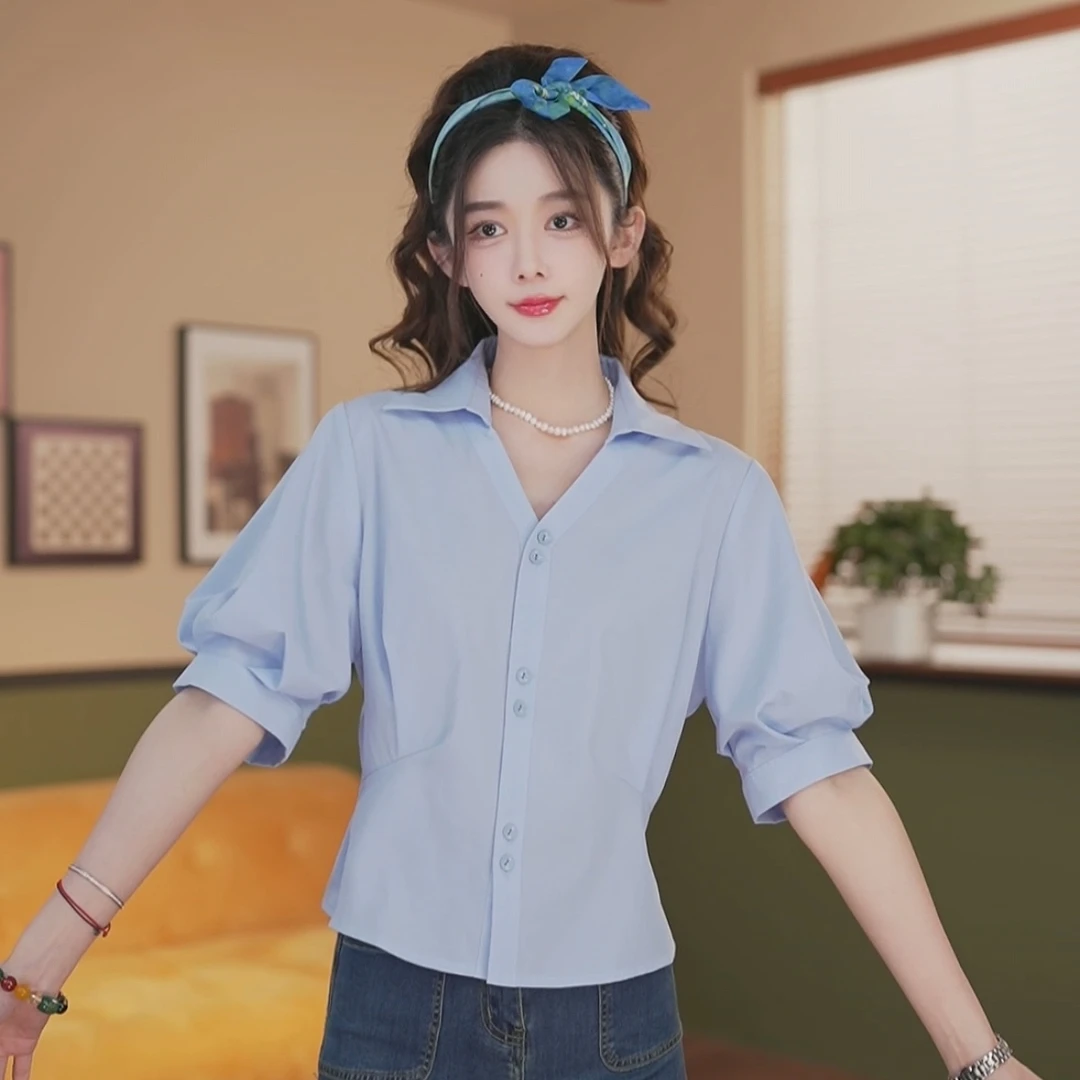 荔枝Lizhi/【薄荷糖】纯色短袖衬衫女宽松显瘦上衣ZM0724187