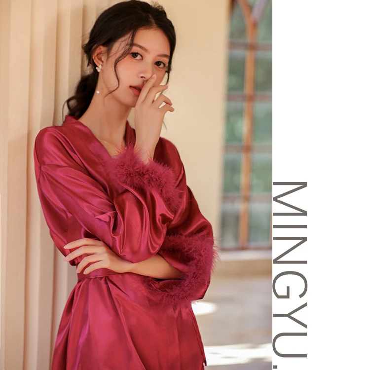 星叶梦春夏新款性感粉色睡衣女冰丝伴娘结婚睡袍长袖开衫女家居服