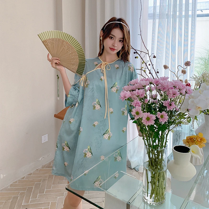 星叶梦新中式缎面睡裙夏季睡衣女薄款冰丝绸国风夏天家居服可外穿