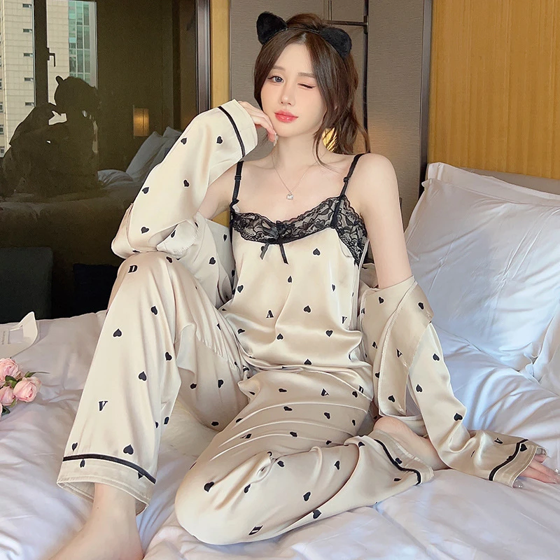 星叶梦春秋睡衣女冰丝三件套长袖女士家居服秋季吊带女款套装
