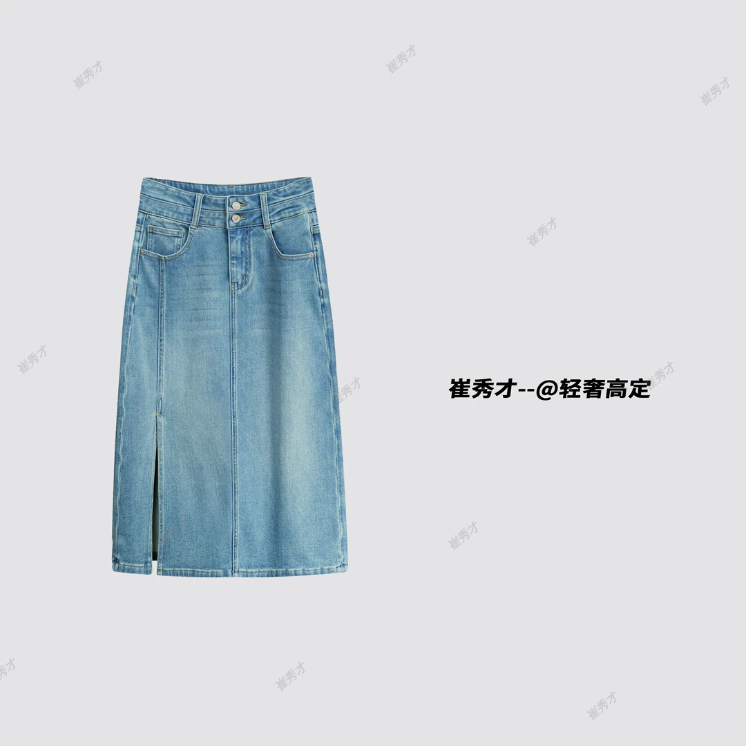 深海蓝丨双扣四面弹抗鼓包抗起皱-洋气a字半身裙子牛仔显瘦半身裙