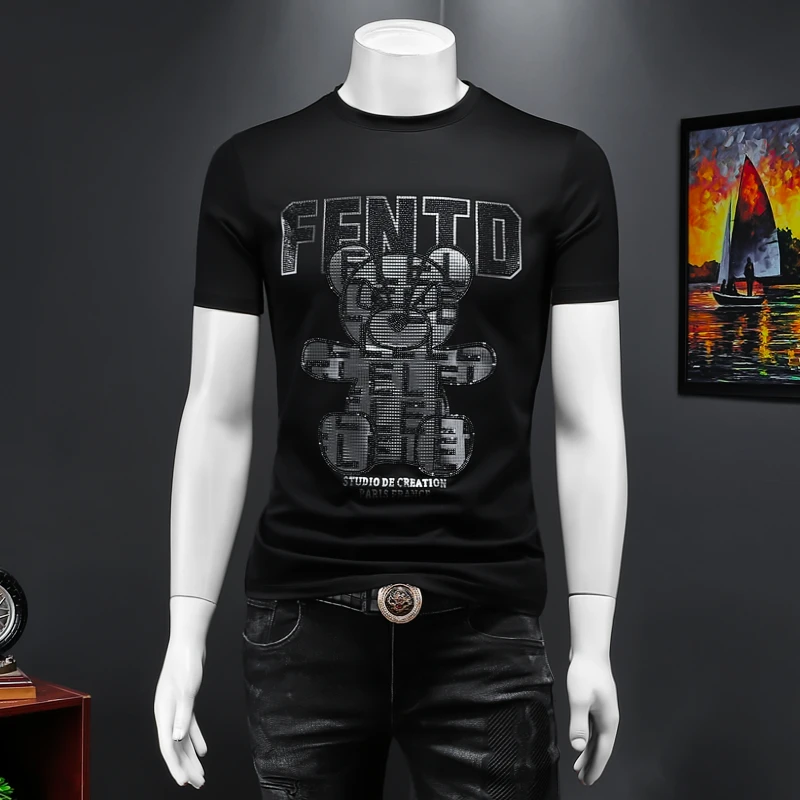 夏季小熊烫钻短袖T恤男士欧货轻奢高端纯棉半袖上衣潮牌修身体恤