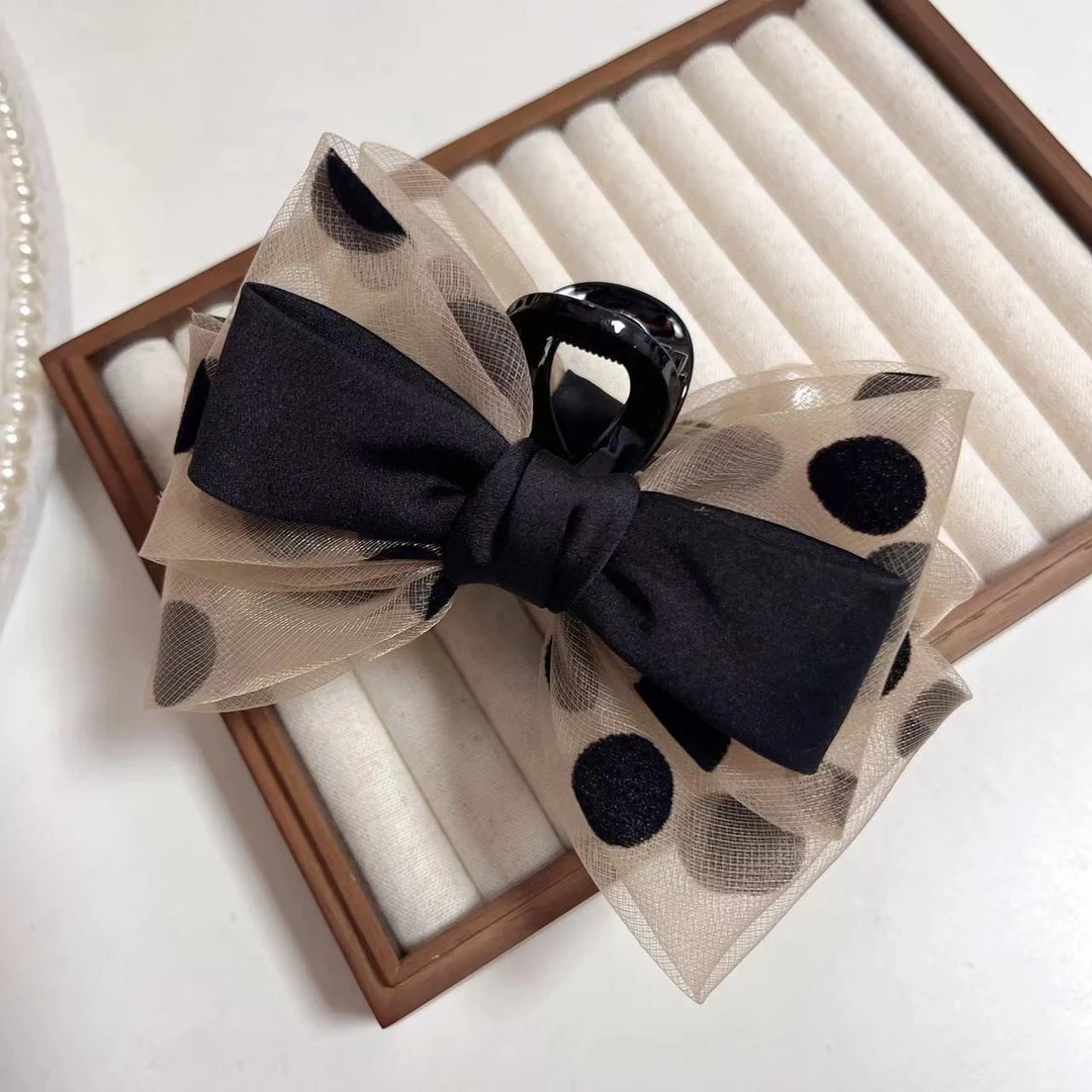 Pink Girl  Z393原创高级优雅韩式波点欧根纱蝴蝶结鲨鱼夹盘发夹