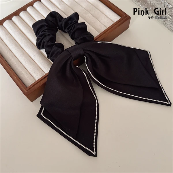 3821法式高级百搭黑色多层缎面飘带蝴蝶结大肠圈发圈