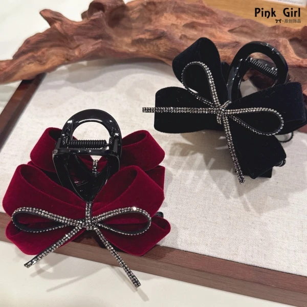 1902法式秋冬复古丝绒气质8cm蝴蝶结抓夹优雅后脑勺盘发夹