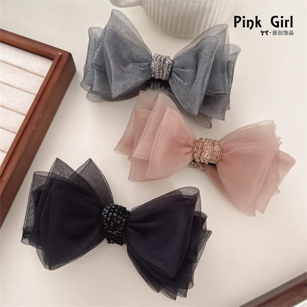 1827【月光】高级气质水晶欧根纱蝴蝶结马尾夹香蕉夹竖夹