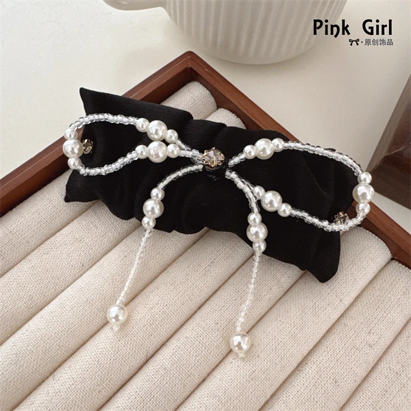 原创黑色小香风发夹褶皱珠珠蝴蝶结边夹BB夹刘海夹