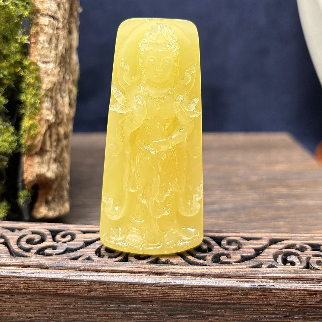 蜜蜡观音吊坠天然原矿俄料鸡油黄糖料金包蜜手工精雕挂坠男女款