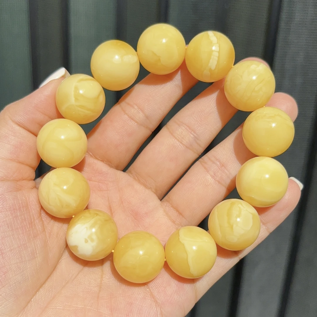 蜜蜡手串男士17.8mm石膏浓蜡天然原矿俄料高精选黄白花蜡精美手串