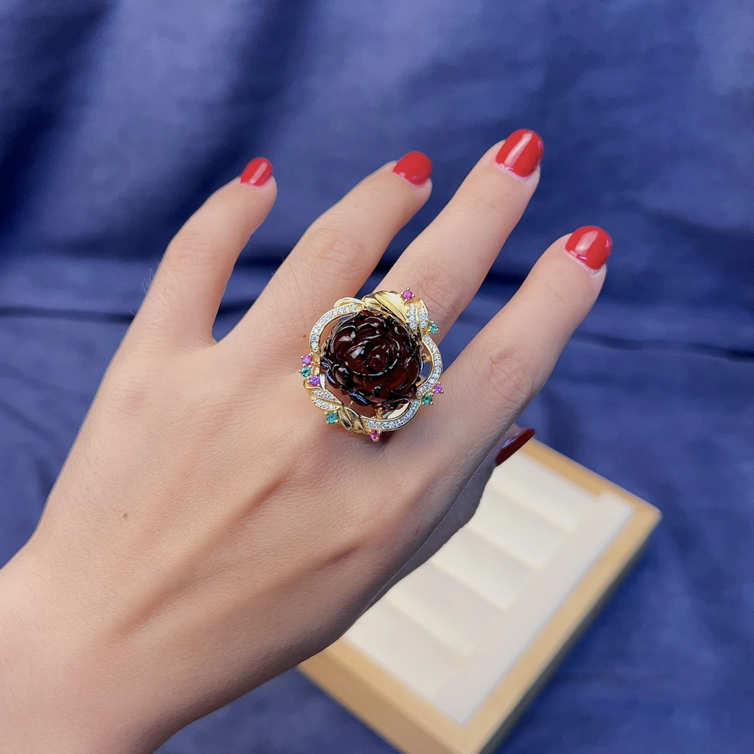 花开富贵天然琥珀血珀牡丹花女款时尚气质开口戒指随机发一件镶嵌