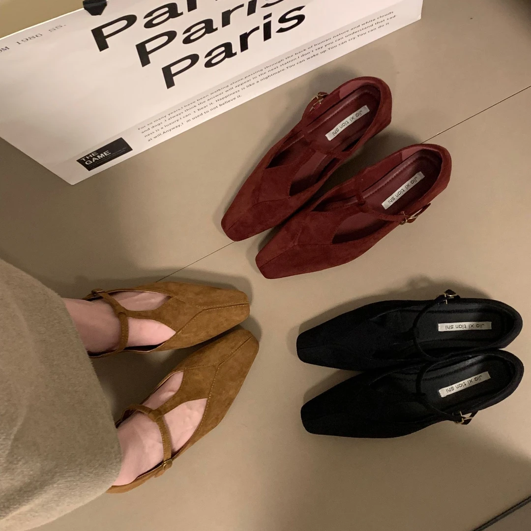 森系T字扣绒面玛丽珍女鞋2024年秋季磨砂皮韩版时尚气质通勤单鞋