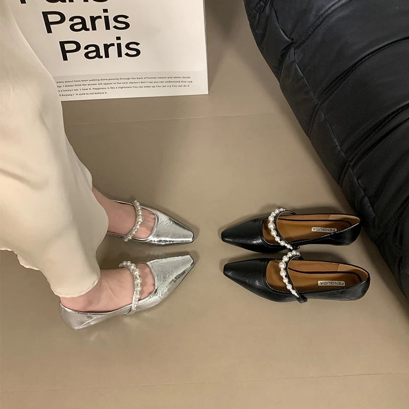 2024新款方头浅口松紧带珍珠低跟单鞋女百搭玛丽珍鞋