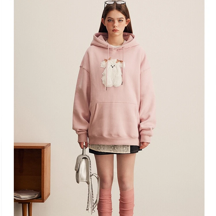 JOOWENILE潮牌宽松女连帽卫衣春秋款套头衫可爱毛绒狗狗印花外套