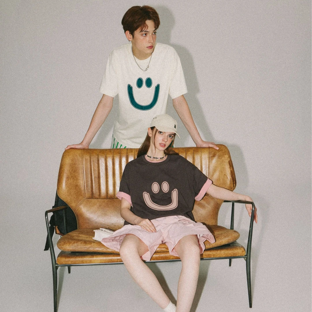 JOOW重磅短袖t恤男夏季280g日系笑脸贴布绣宽松圆领上衣情侣装潮