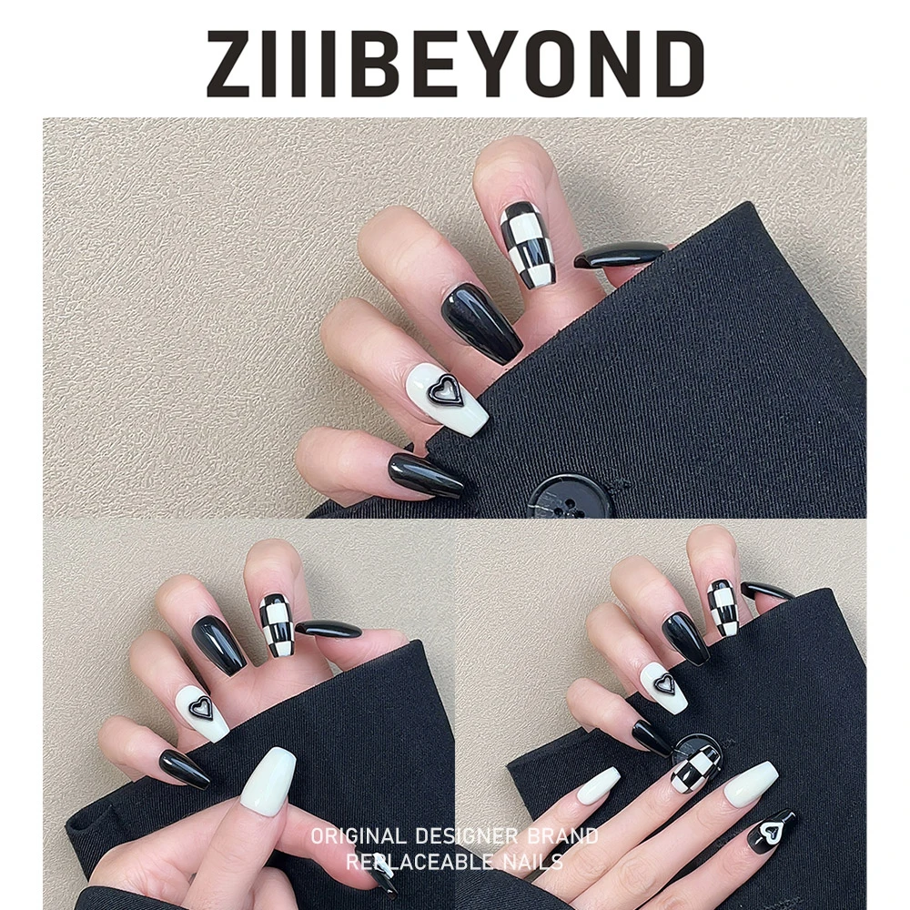 再变【与心】纯手工穿戴甲黑白交替炫酷美甲短梯ZB191