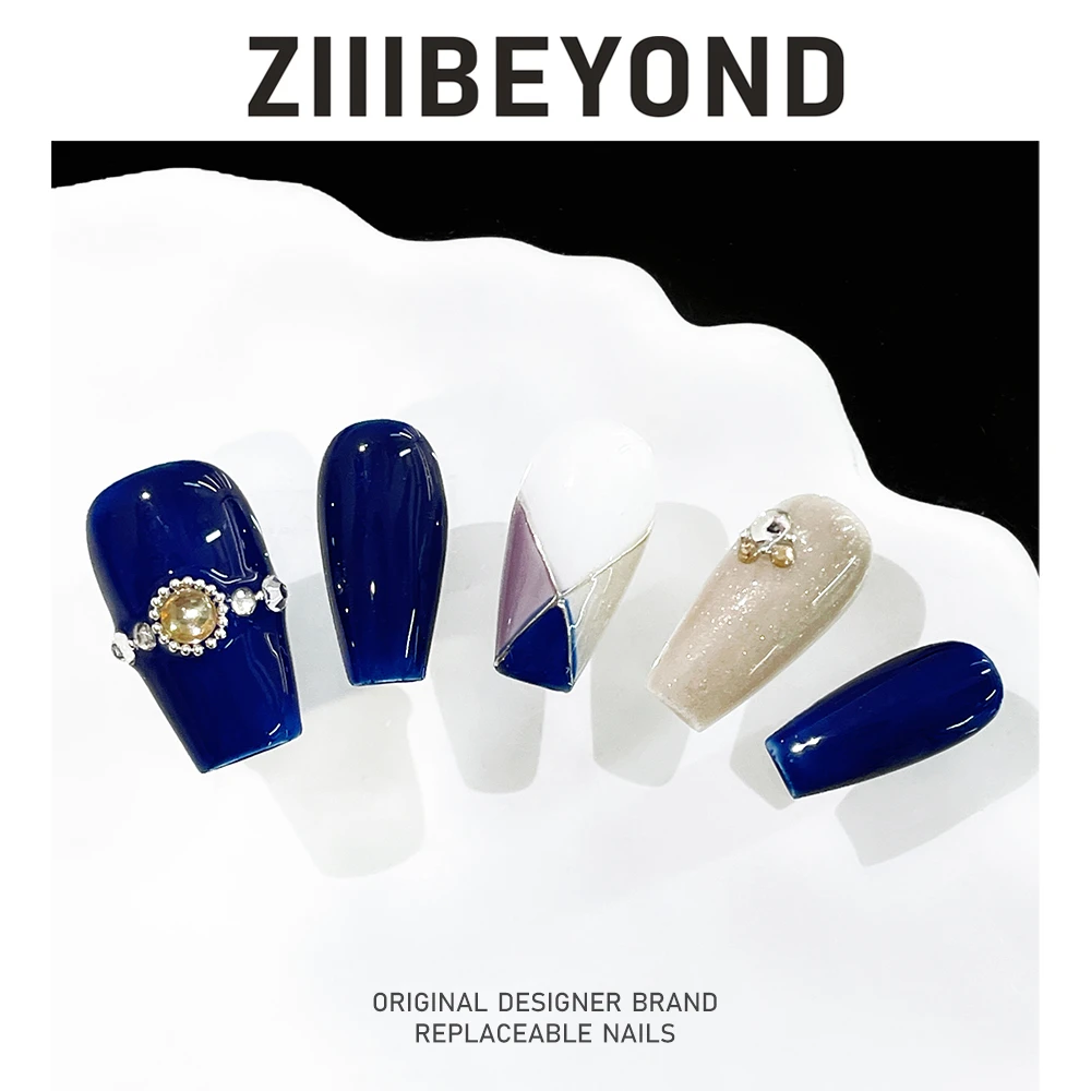 再变【克莱因蓝】美甲纯手工穿戴甲蓝色奢华显白闪钻美甲短梯ZB92