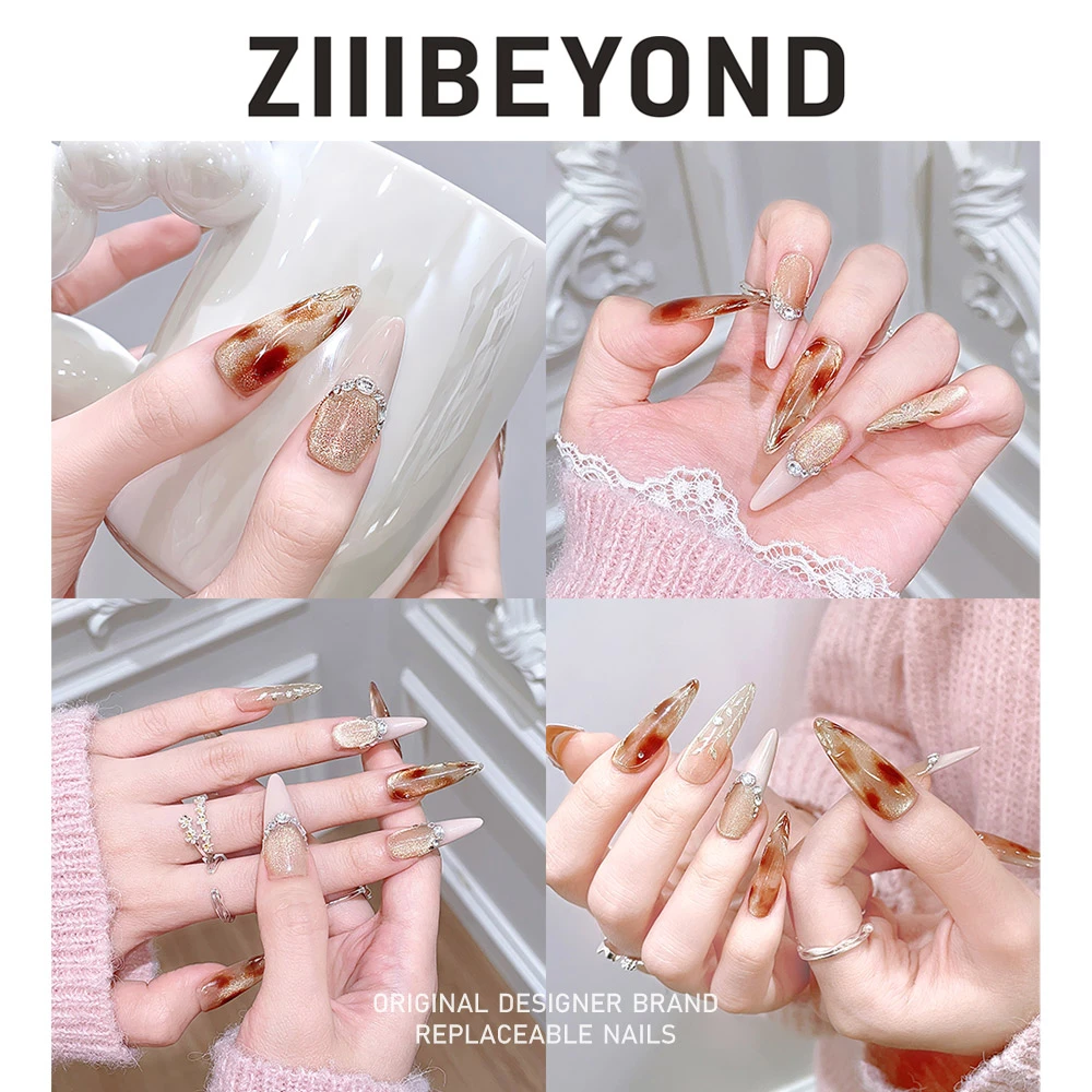 再变【摩卡之吻】美甲中国风法式镶钻猫眼显白穿戴甲长杏仁ZB218