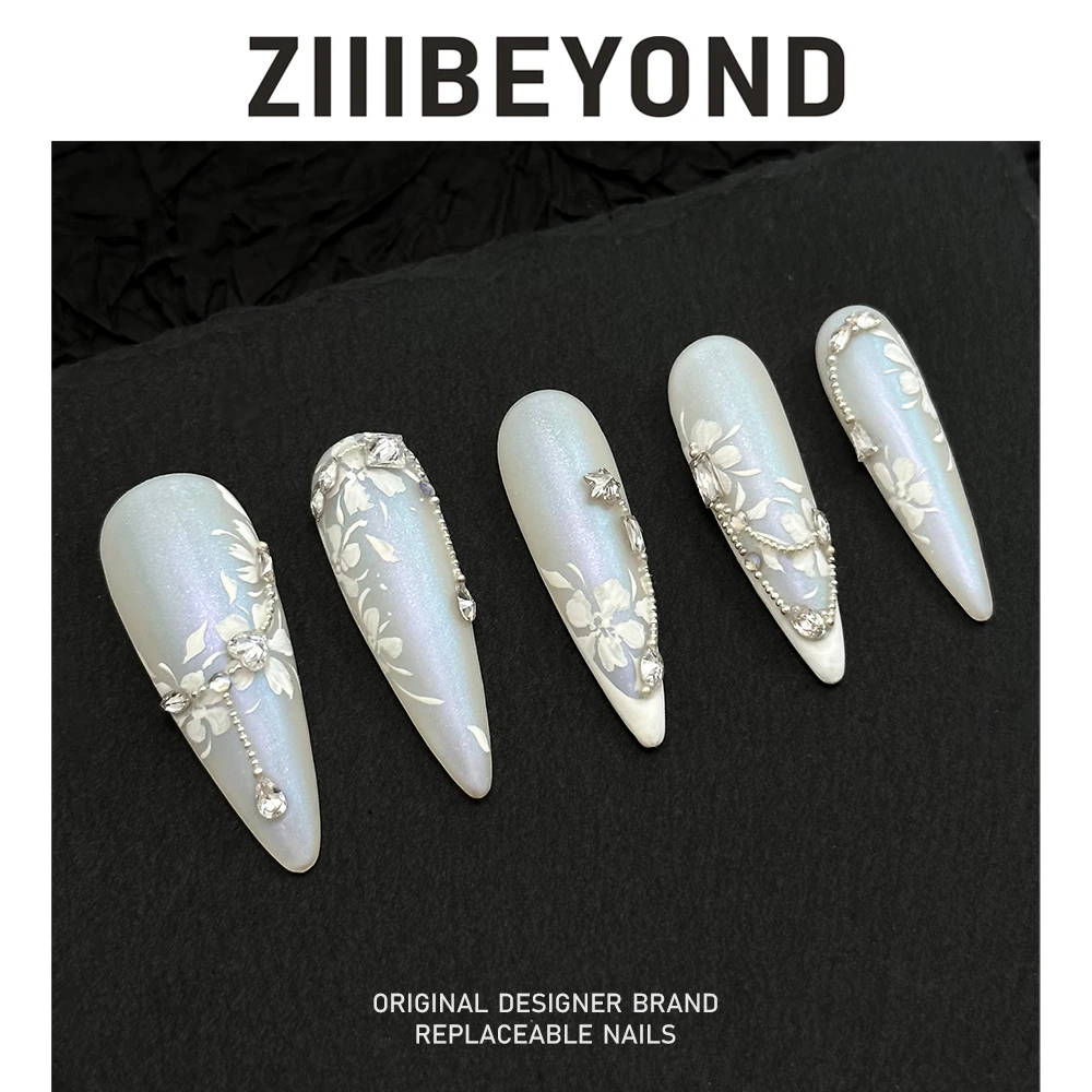 再变【花诗语】纯手工穿戴甲甜美莫奈花园高雅炫酷美甲长杏仁ZB130