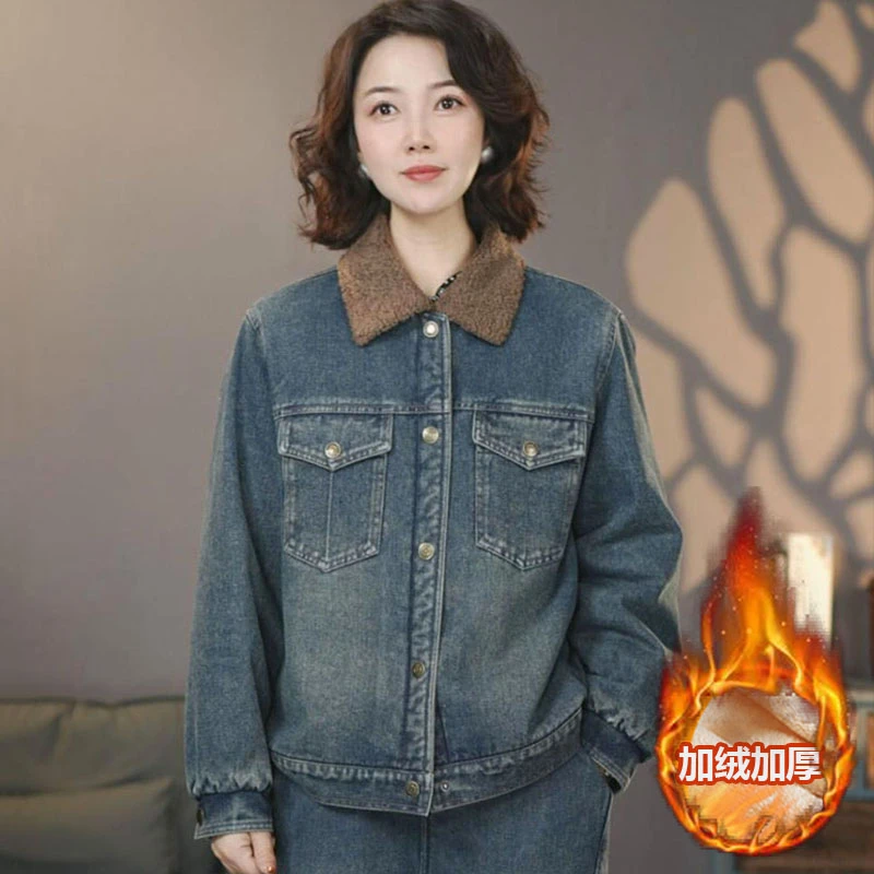 知秋8758蓝冬季新款加绒加厚牛仔外套百搭气质保暖棉服牛仔棉衣