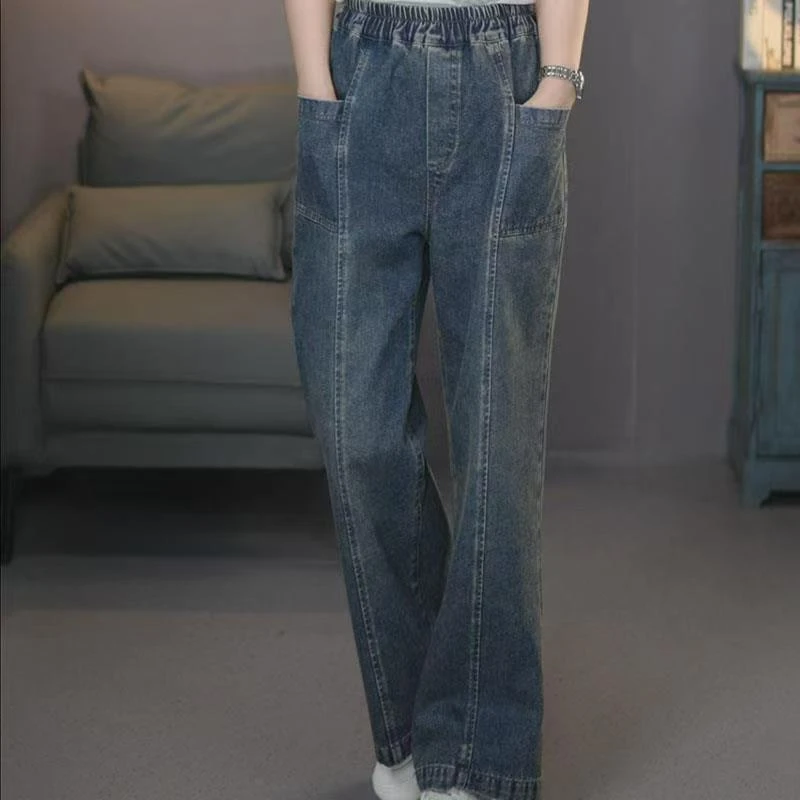 珍珍6792蓝#2025春季复古显瘦牛仔直筒裤松紧腰时尚百搭牛仔裤
