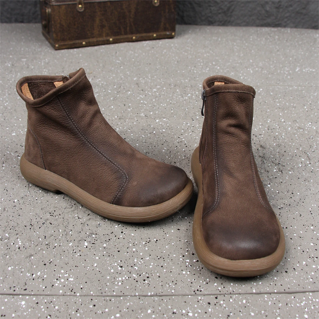 头层牛皮休闲百搭复古平底软底秋冬女靴鞋高帮手工真皮女鞋002-1