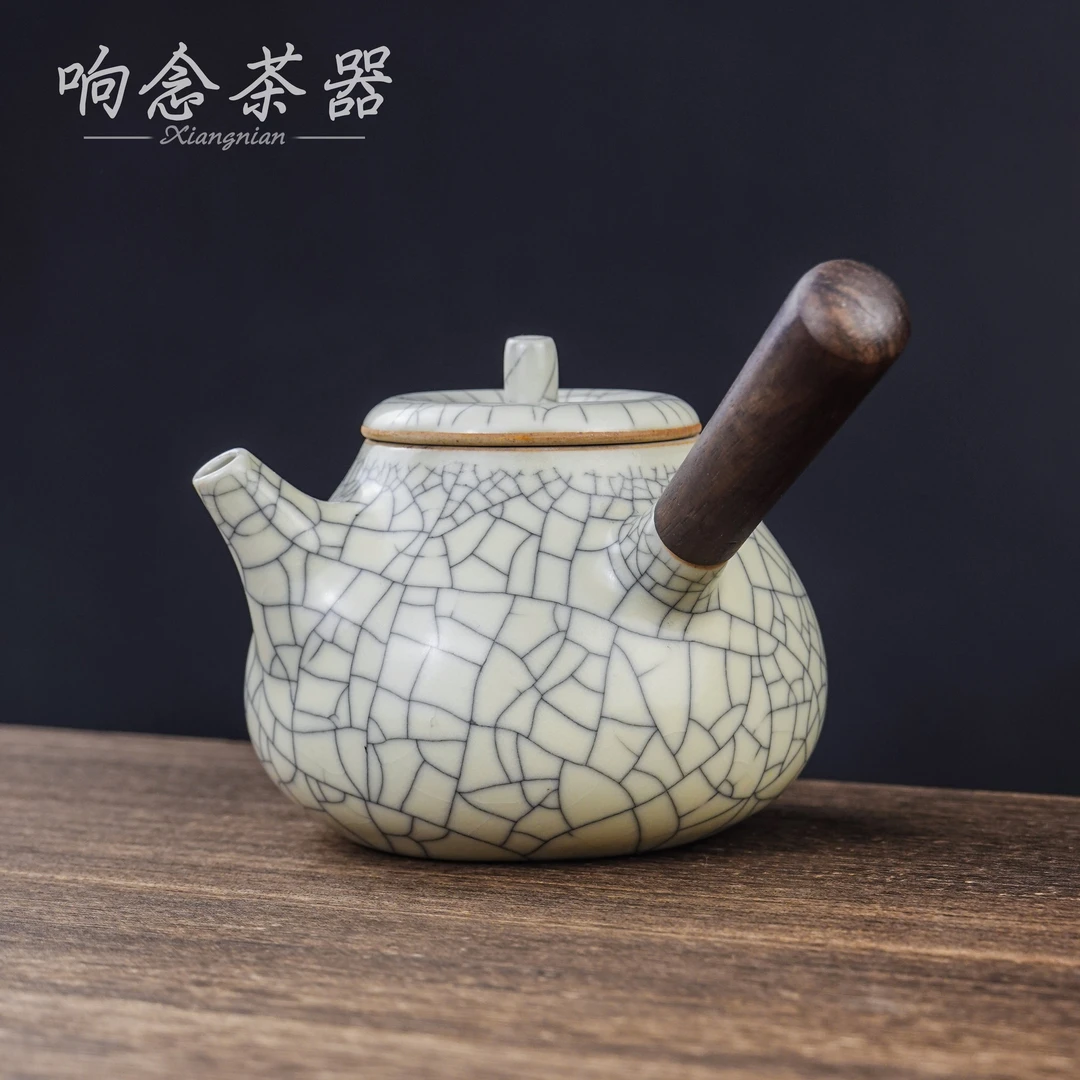 哥窑开片可养金丝铁线陶瓷龙蛋器型高端家用侧把壶（加两杯）1404