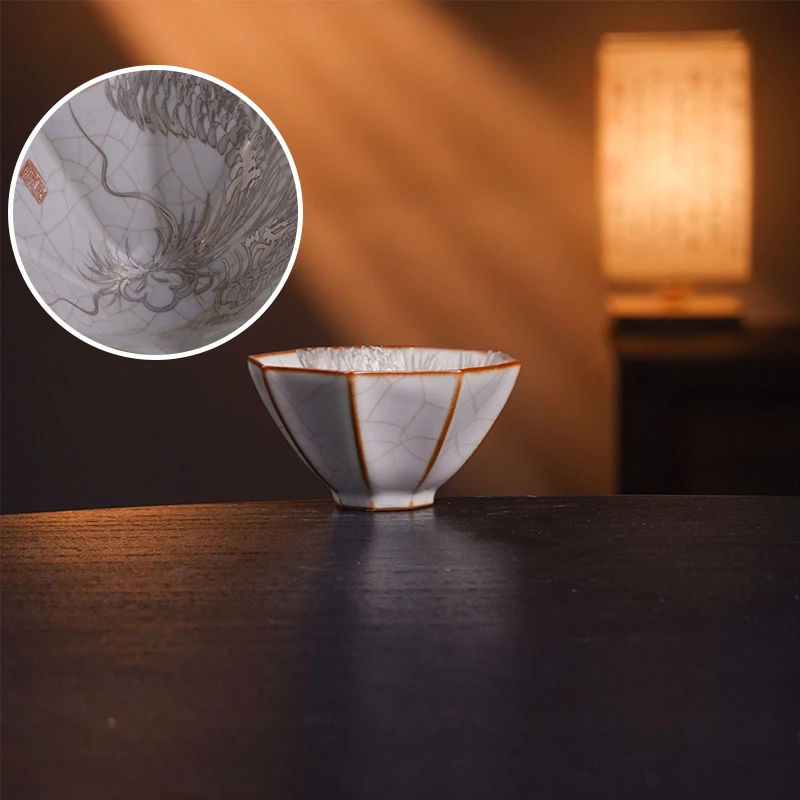 江祖清八方手绘银龙杯陶瓷汝窑手工主人杯创意复古家用斗笠杯0049