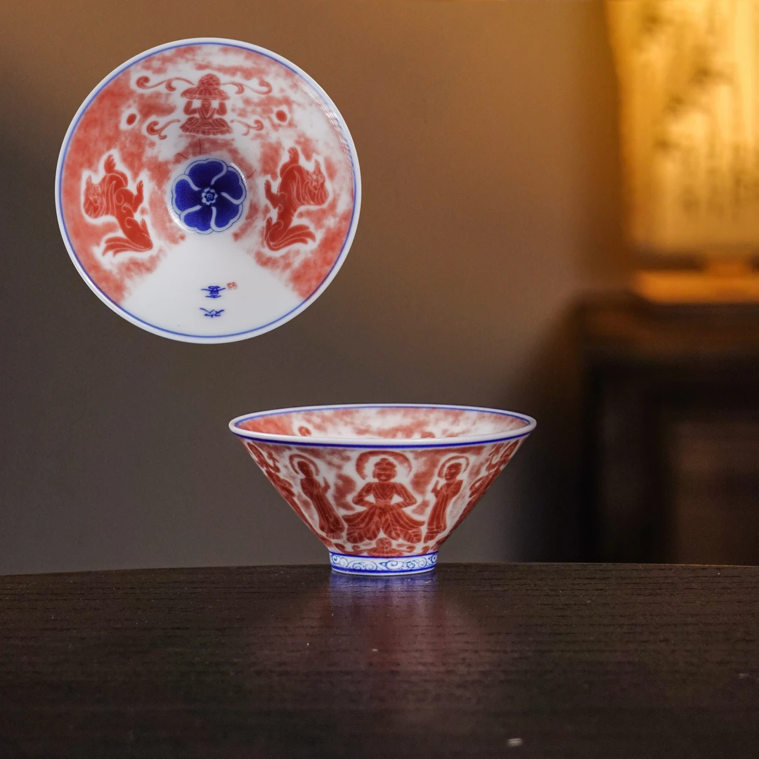 拓片敦煌压手杯景德镇青花拓画釉里红主人杯陶瓷家用大容量普洱杯