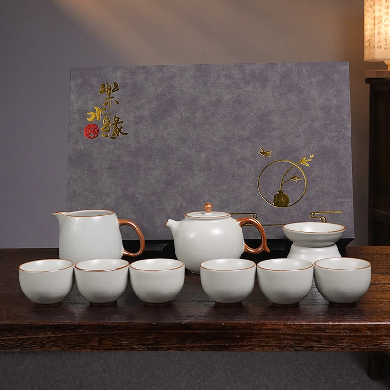 陶瓷米黄汝茶具套装家用高档泡茶器办公功夫茶具大容量礼盒装2064