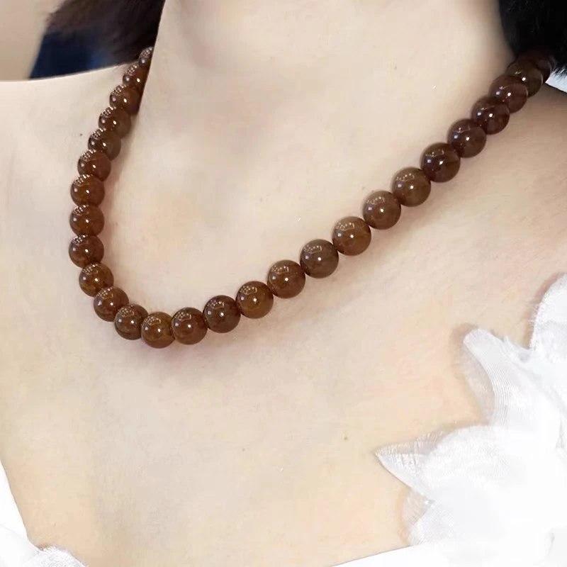 华缘和田糖玉10mm项链女款和田玉糖玉巧克力色全糖 多样性发一件