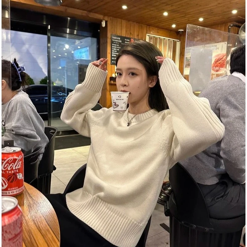 韩系圆领套头毛衣女宽松打底2024秋冬新款坑条简约百搭针织衫外穿