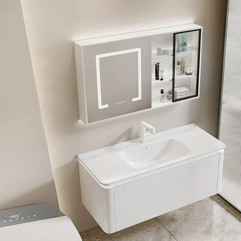 奶油风浴室柜洗漱台卫生洗手间圆角智能感应灯洗手脸盆一体陶瓷盆