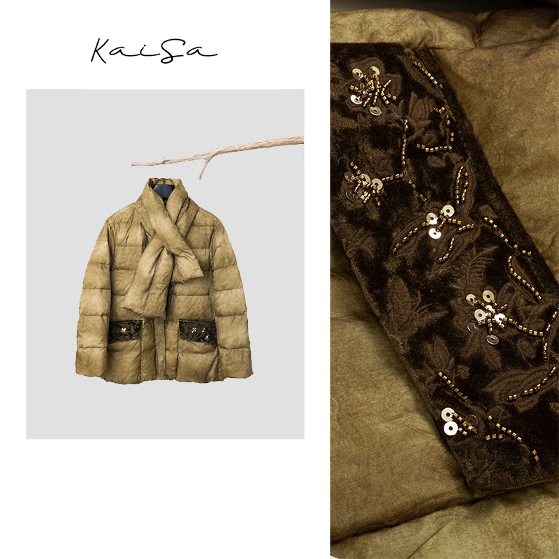 【青栀】舒适保暖不撞款~新款珠片刺绣围脖白鹅绒上衣外套羽绒服