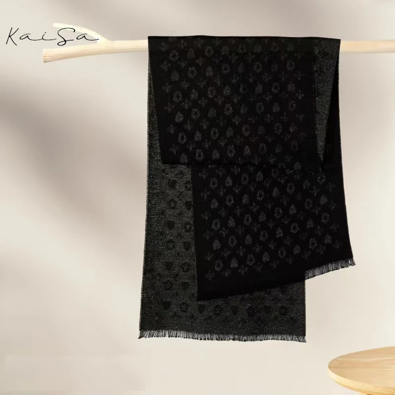 【星光闪烁】高支澳毛提花黑金绵羊毛披肩丝巾围巾方巾190*50