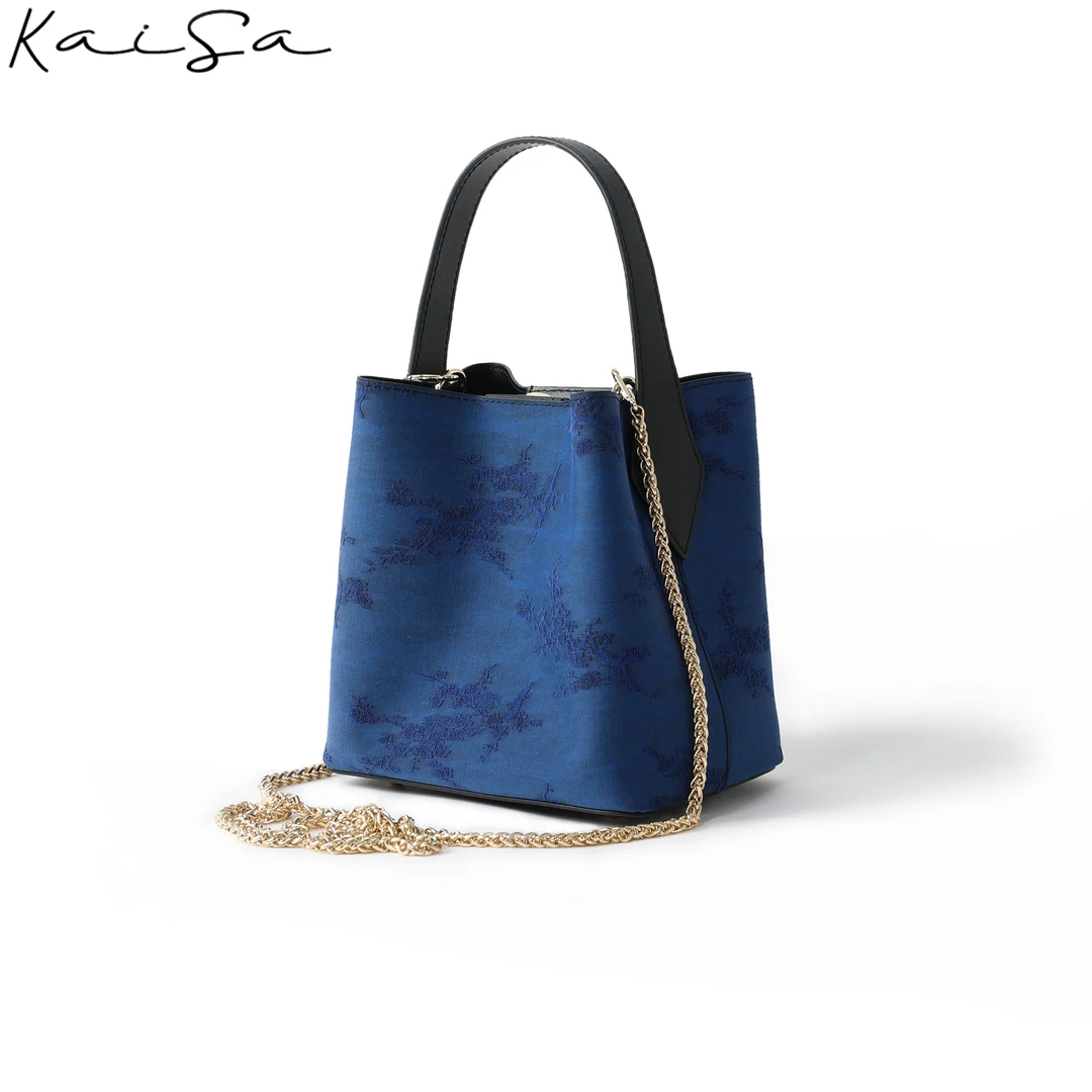 【水微】行走的艺术品~老料宋锦香云纱桑蚕丝斜跨两用手提包水桶包