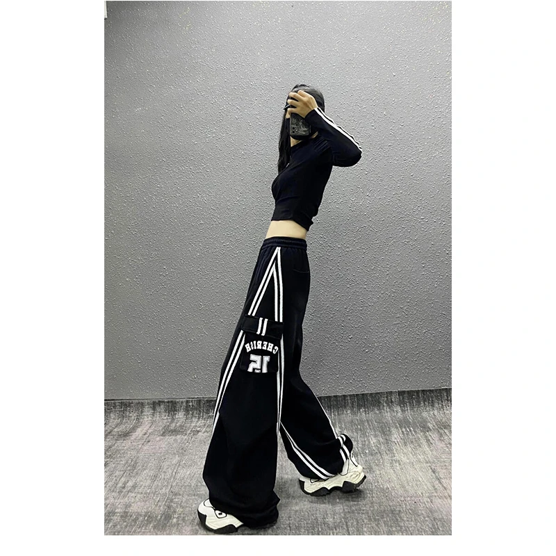 条纹工装裤男秋冬季新款大口袋美式潮牌痞帅加绒加厚直筒休闲长裤