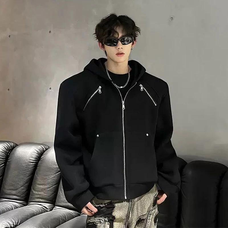 韩系垫肩廓形连帽外套男春秋美式高街重磅开衫卫衣结构风短款夹克