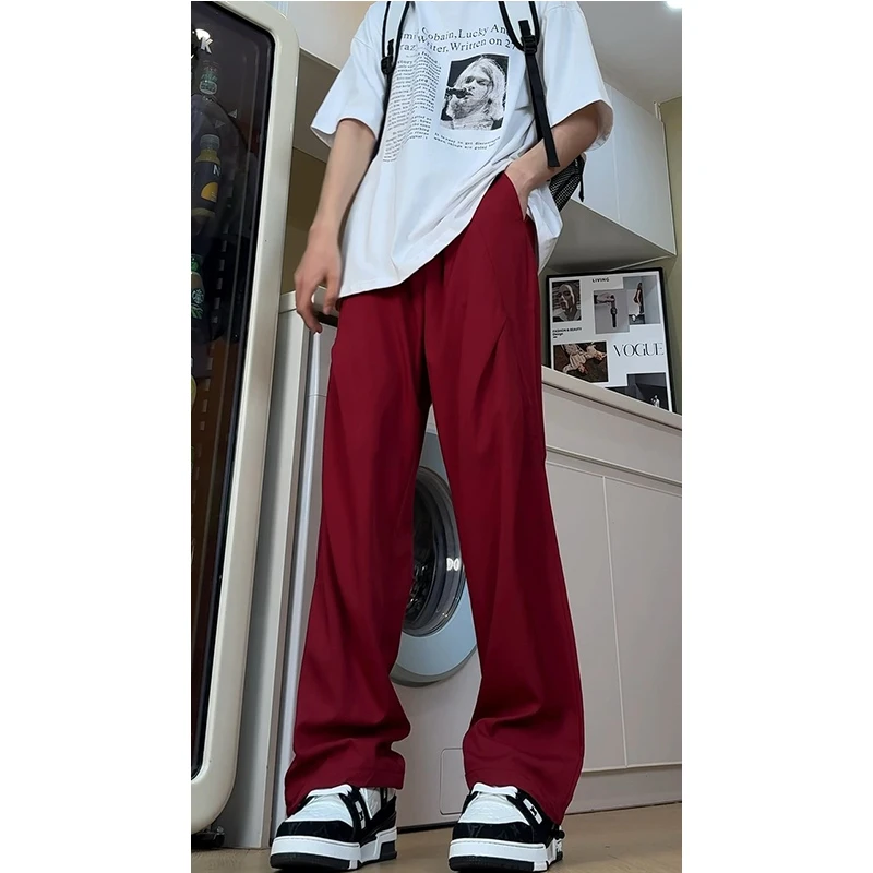 酒红色褶皱伞兵裤男夏季冰丝速干垂感休闲裤宽松设计感百搭阔腿裤