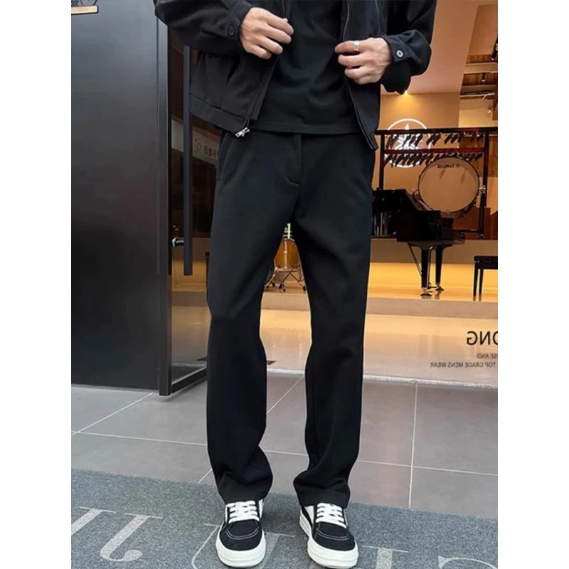黑色重磅400g微喇毛呢西裤男秋冬加厚青少年显瘦裤子直筒休闲长裤