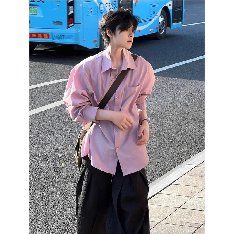 港风vintag美式粉色衬衫阳光男士美式长袖防晒衬衣外套少年感穿搭