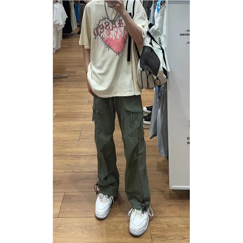 军绿色工装裤男夏季美式高腰阔腿裤口袋拉链设计感直筒百搭休闲裤