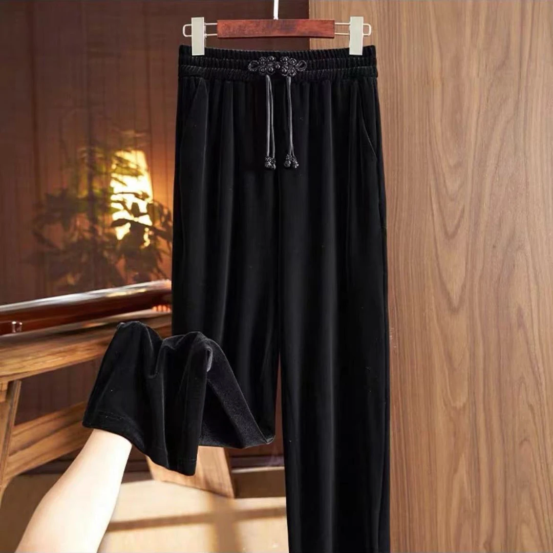 高密丝绒加厚复古秋冬垂感直筒裤盘扣新中式时尚高腰阔腿休闲裤女