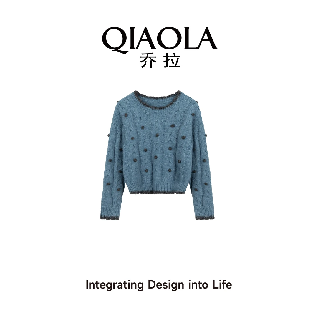 QIAOLA/乔拉【冰上花舞】秋冬季螺纹毛织圆领百搭慵懒毛衣上衣预售