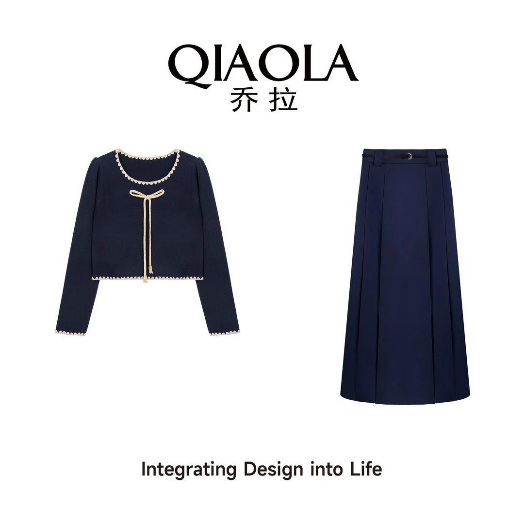 QIAOLA/乔拉【魔法甜心】秋季包芯纱U领蝴蝶结学院风时尚套装预售